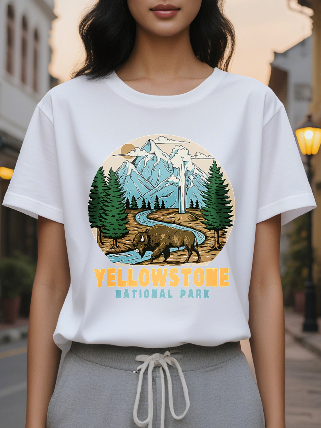 Women's casual sleeve T-shirt printed with national park pattern, cotton, regular length, spring and autumn