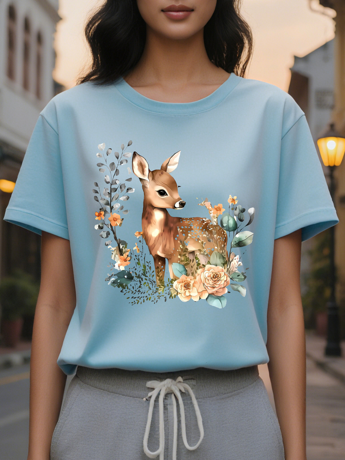 Women S Crew Neck T-Shirt and Print Short Sleeve SpringSummer Collection Cotton White with Brown Deer Design Casual