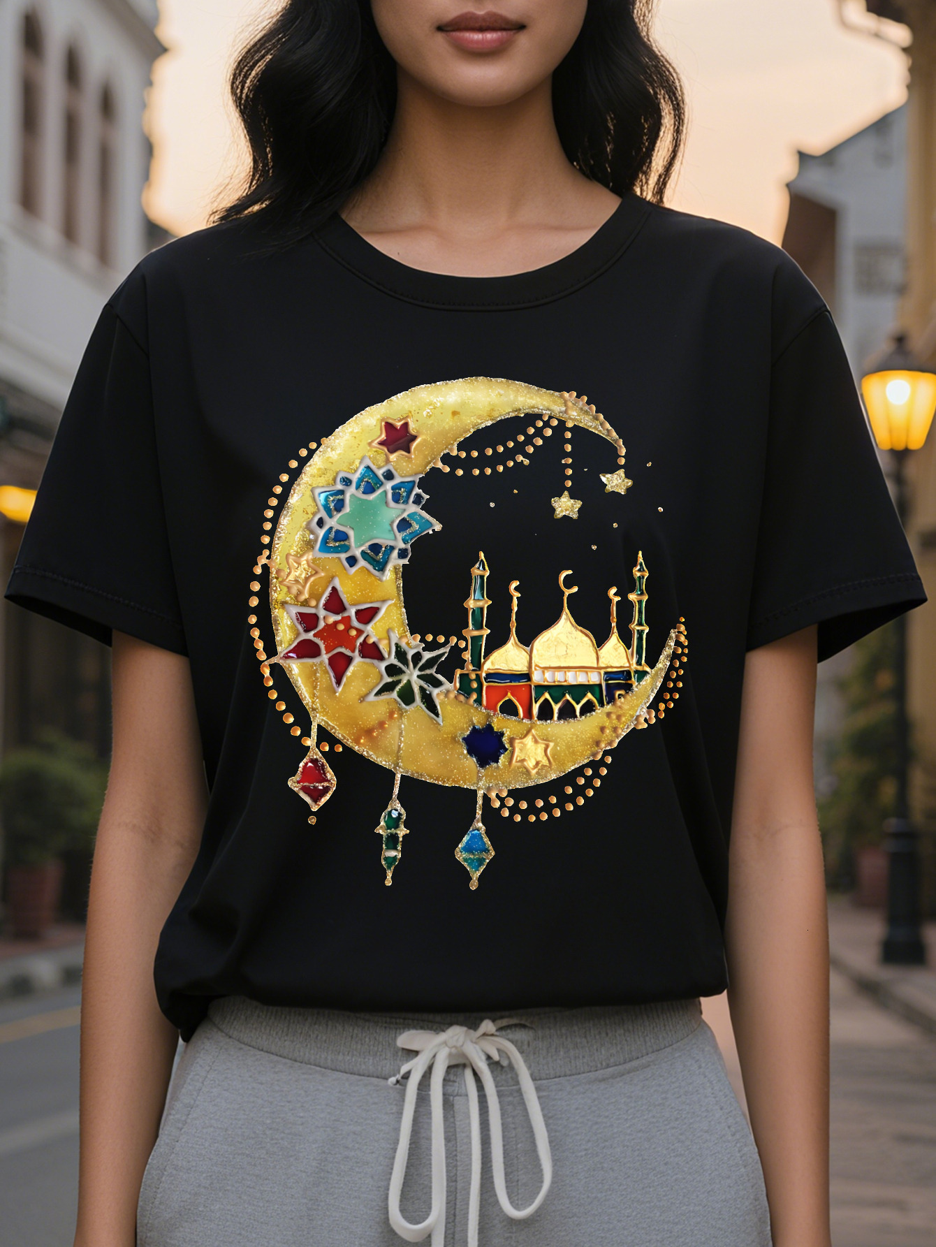 Middle Eastern Desert Ramadan Islamic Print T-Shirt Casual Short Sleeve Round Neck Top Fashion All Season Women's Wear