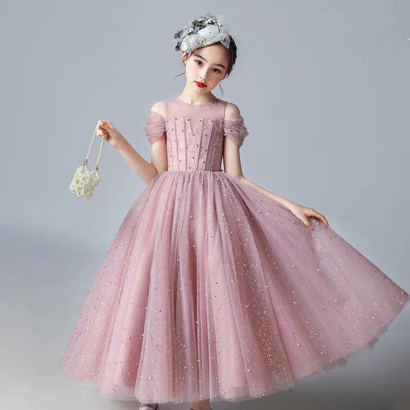 Girl Wedding Dress Tulle Birthday Ceremony Pink Pearls Girls Party Dress 2 To 14 Years Flower Girl Dresses For Wedding Kids Z250904