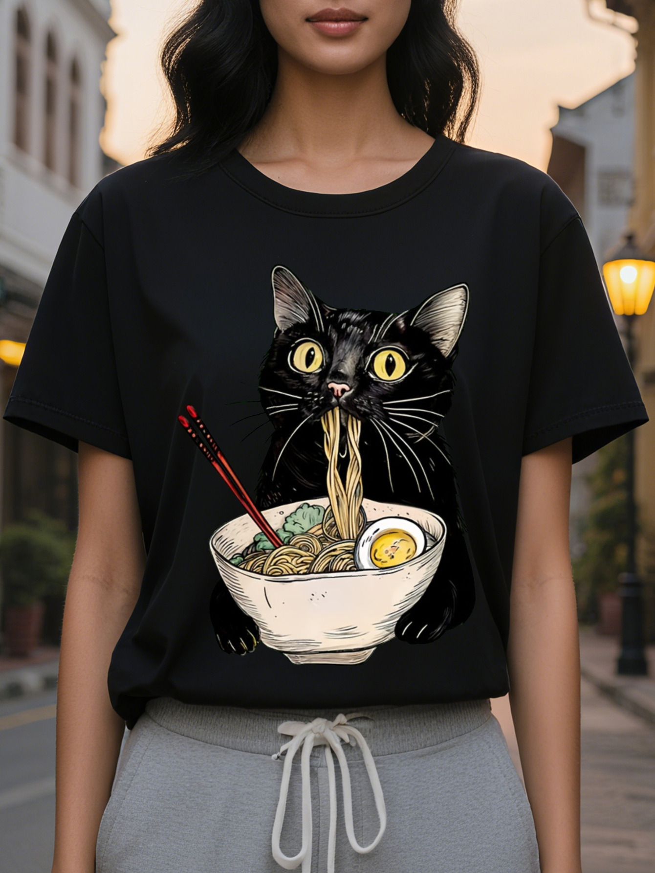 Large XL Women's Casual Sleeveless with Playful Black Cat Eating Noodles Cartoon Print Light Green Round Neck Summer Top Plus Size