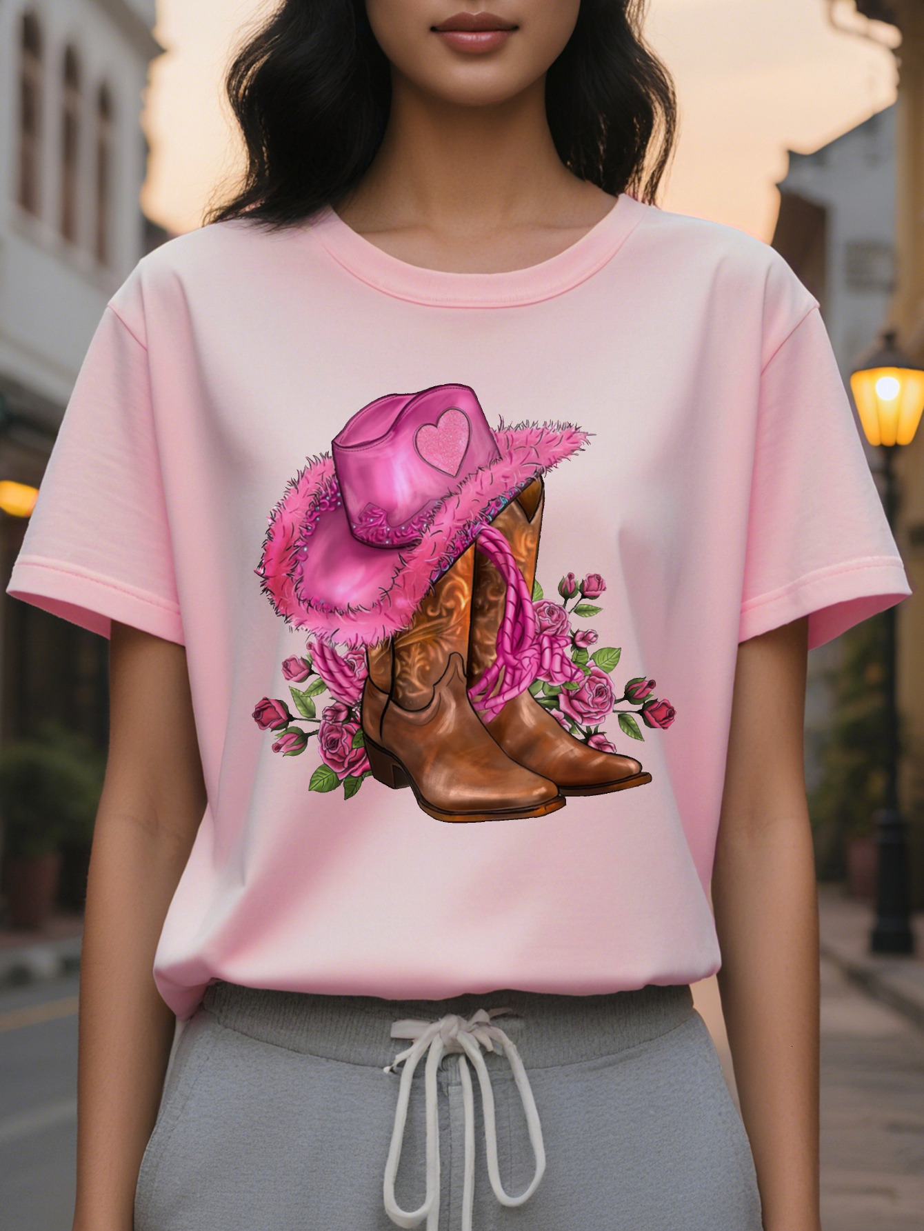 Cowboy and floral print round neck T-shirt, casual short sleeve summer top for women's clothing