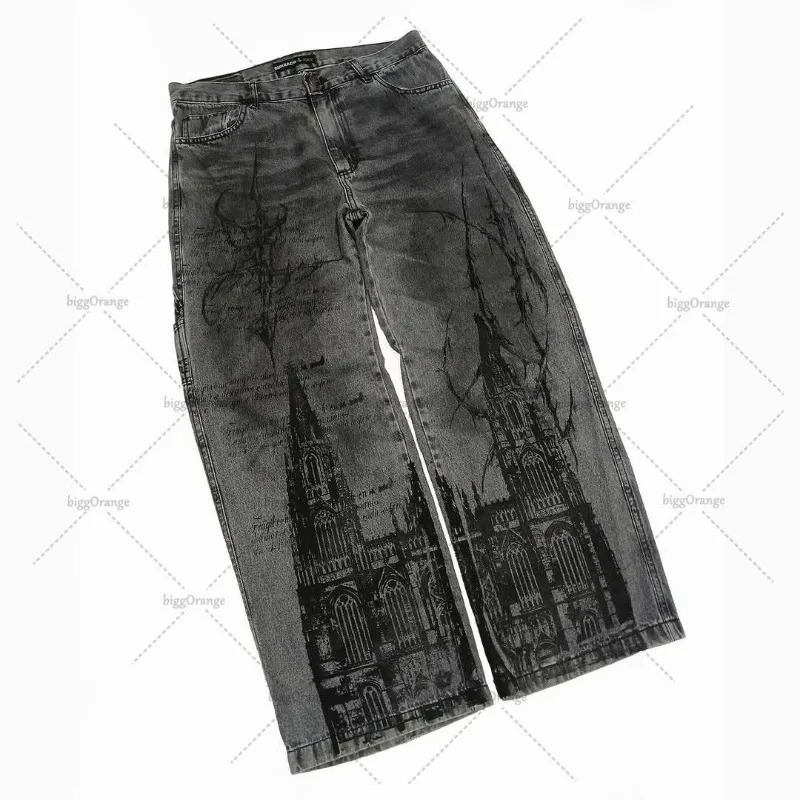 Hiphop Gothic High Street Harajuku Loose Washed Straight Wide Legs Men Rock Dark Y2K American Retro Oversized Jean 250823