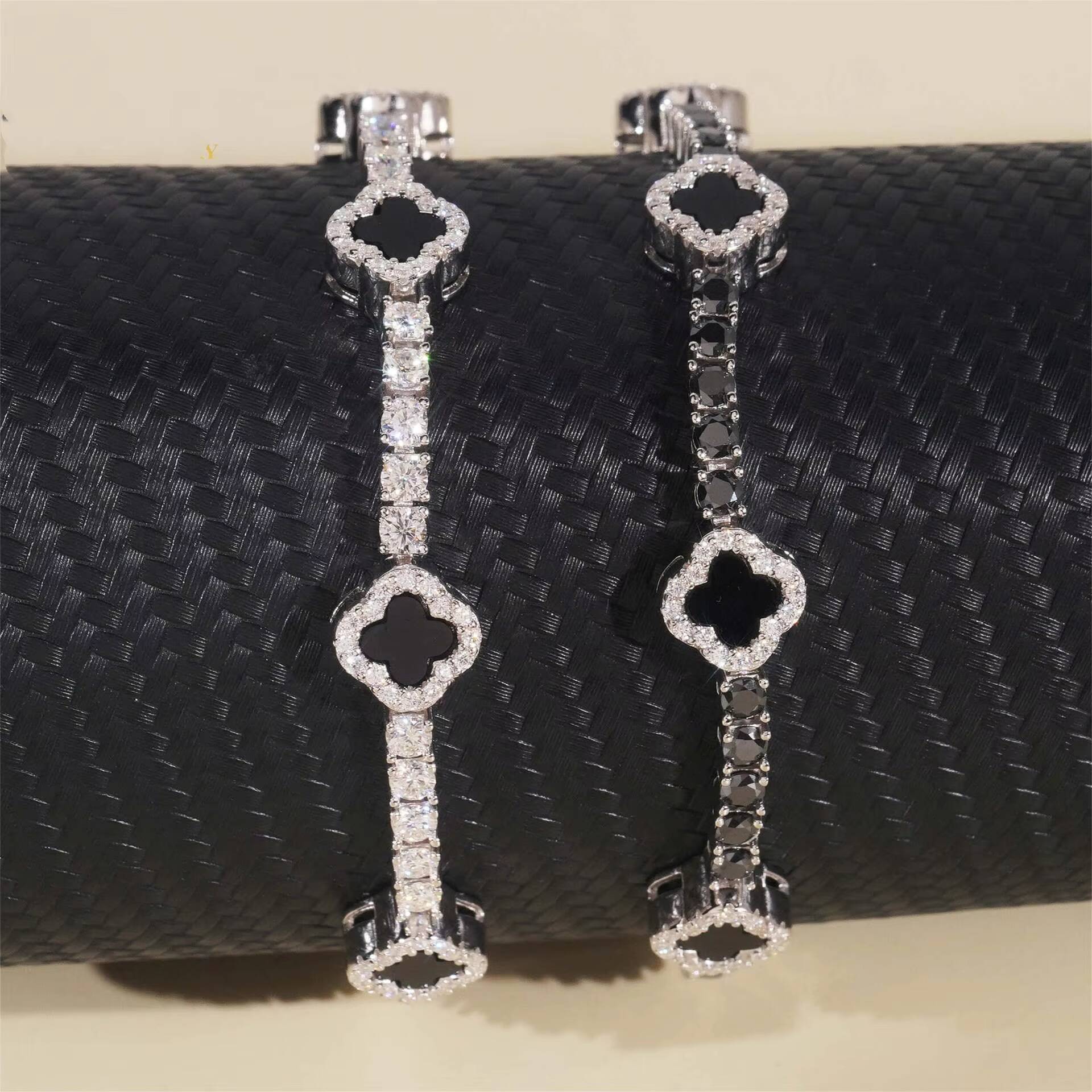 3mm Black Agate 925 Silver Tennis Bracelet Diamond Moissanite Clover Bracelet High Quality Jewelry
