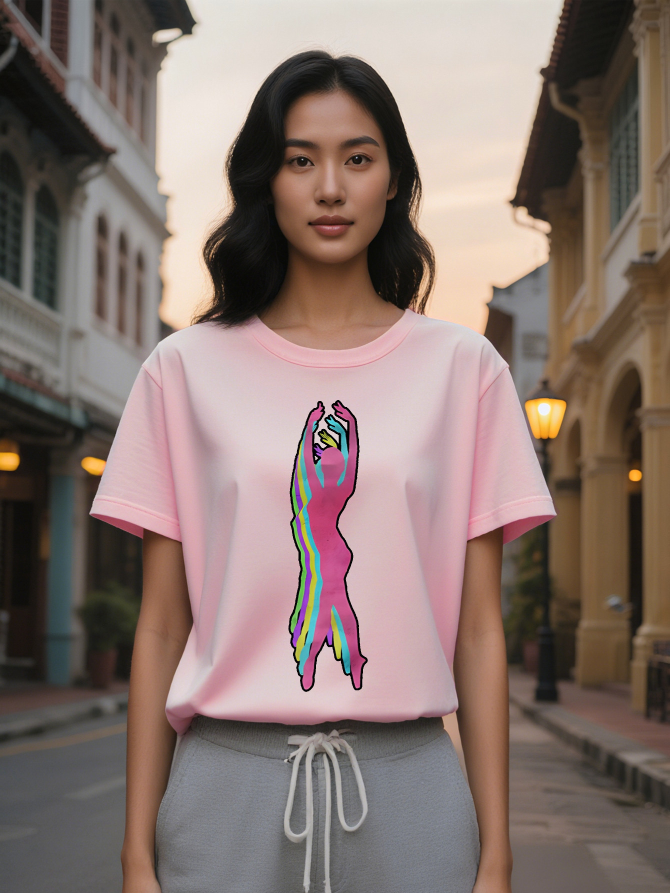 Large XL Graphic T-Shirt with Human Silhouette Colorful Stripes Print Black Round Neck Summer Tee Regular Fit Washable Plus Size