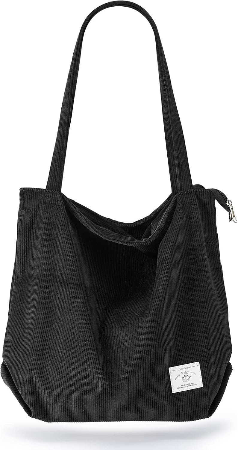 Women Corduroy Tote Bag Zipper Casual Totes Handbag Big Capacity Shoulder Bag with PocketsW250904