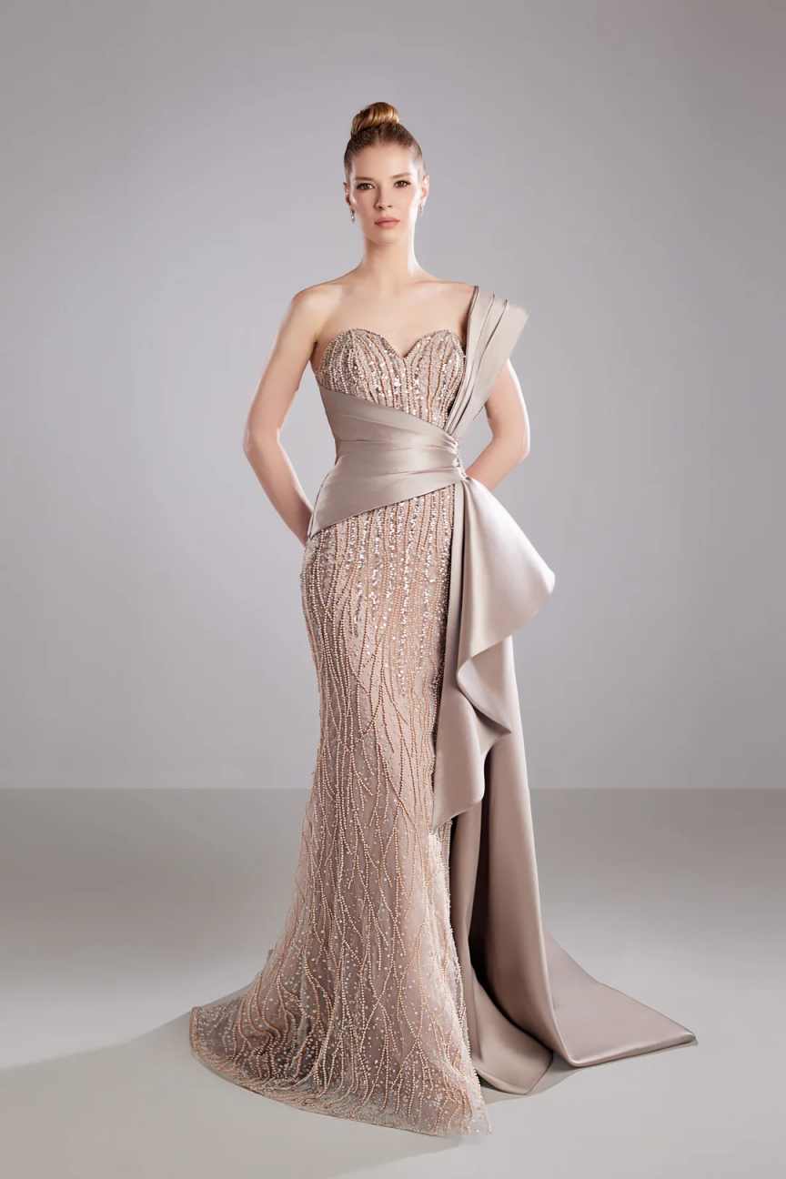 Sparkly Tassels Crystal Strapless Champagne Dress Draped Satin Mermaid Wedding Party Gown Vestidos Customized