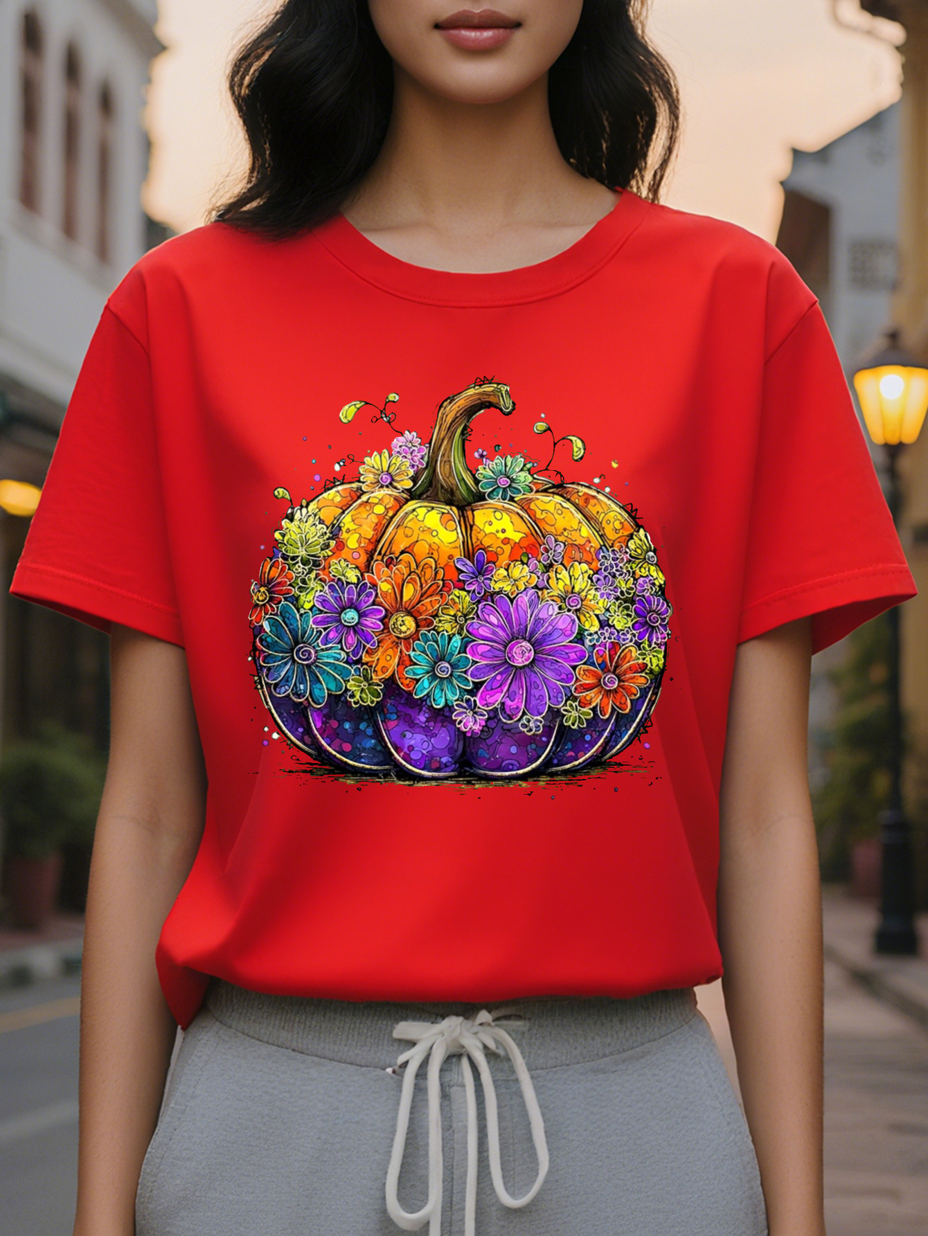 Large XL Women S Floral Print Crewneck Sweatshirt Cozy Casual Pullover Soft Beige with Vibrant Orange Pumpkin Purple Flowers Plus Size