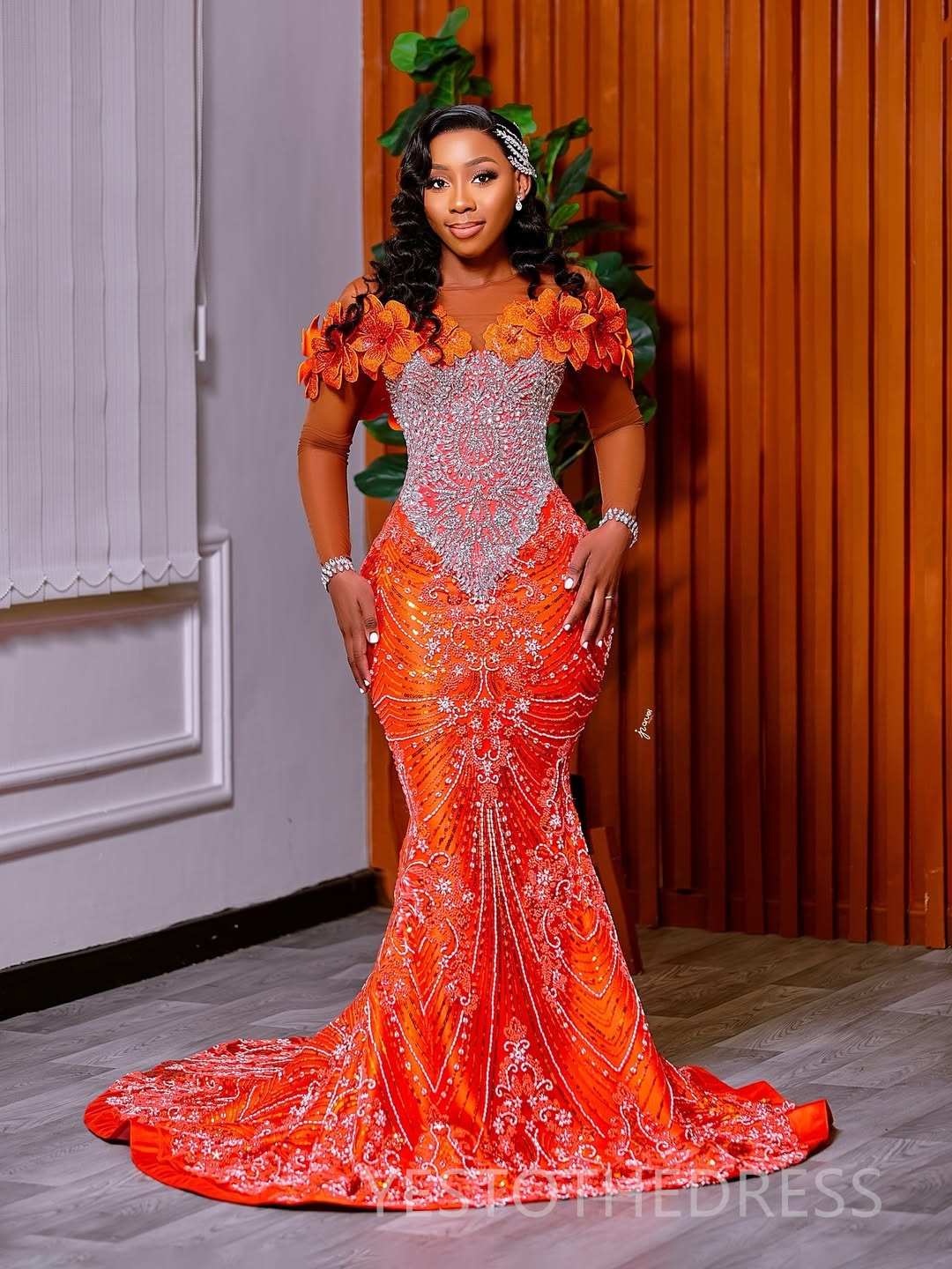 Mermaid Orange Prom Dress 2025 Evening Dresses Elegant Dresses For Special Occasions Illusion Beaded Lace Sheer Neck Birthday Dress Second Reception G