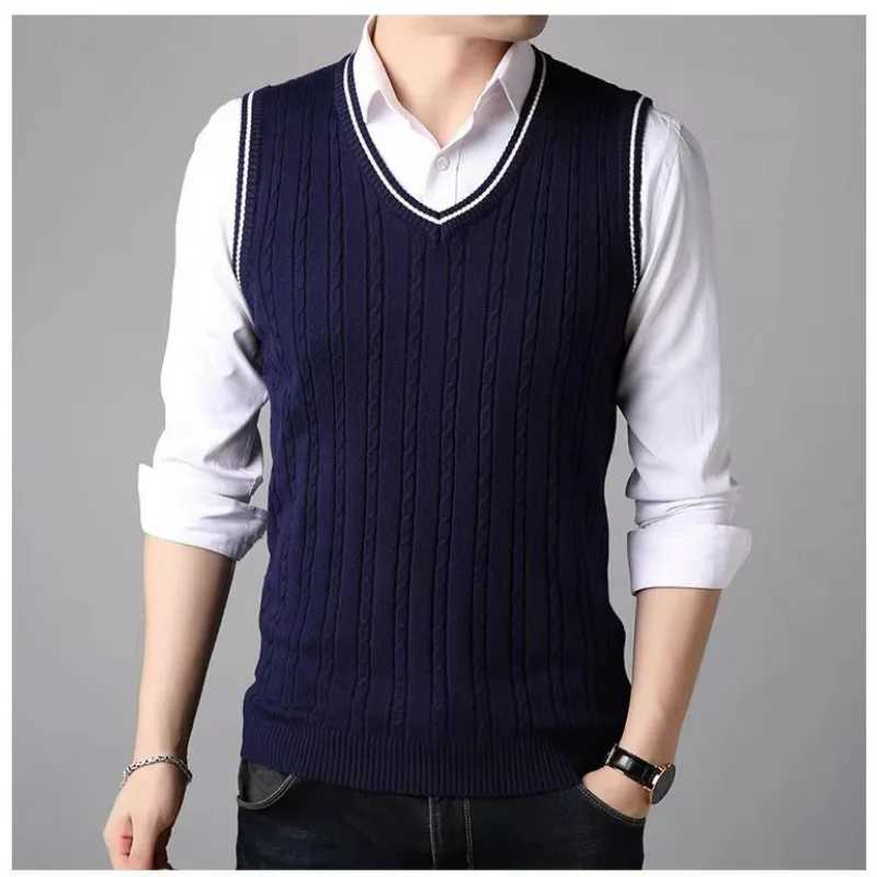 Fashion Men Solid Warm Sweater Vest Spring Autumn New Business Casual Versatile VNeck Slim Bottoming Knitted Sleeveless TopsXJ250904