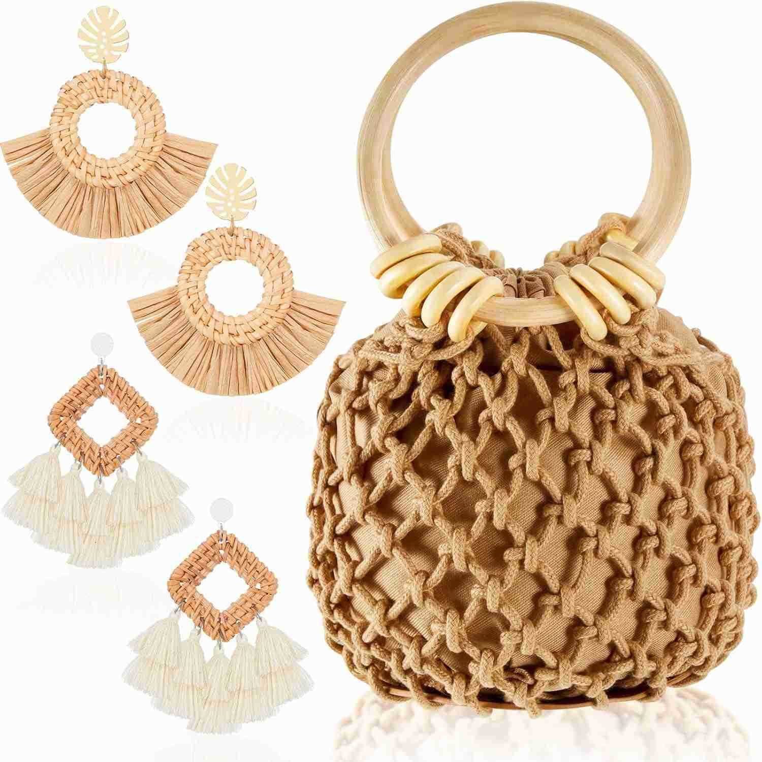 Mini Clutch Tote Handbag 2 Pairs Rattan Earrings for Women Crossbody Bag Bohemian Woven Clutch Bucket Handbag M250904