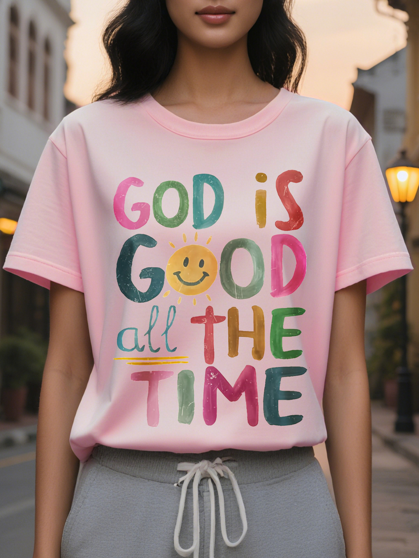 Large XL Women's Beige Inspirational God is Good All The Time Christian Sweatshirt Soft Round Neck Casual Pullover with Plus Size