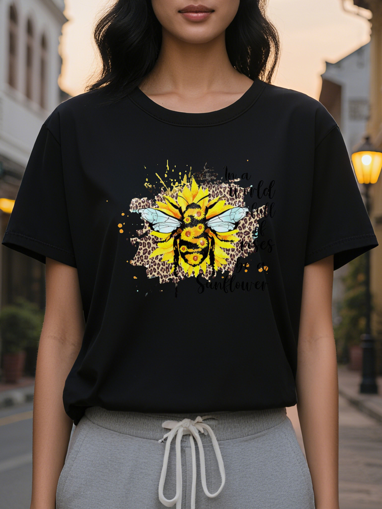 Women's elegant pattern sleeve T-shirt with inspirational quotes, white round neck, casual for autumn and winter