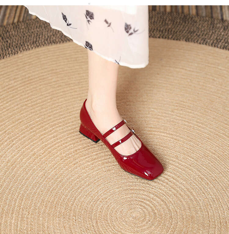 Elegant Squ Toe Designer Shoe One-Strap Mary Jane for Women 2025 Spring and Autumn New Genuine Leather Shallow Mouth Chunky Mid-Heel Single Wedding Sh