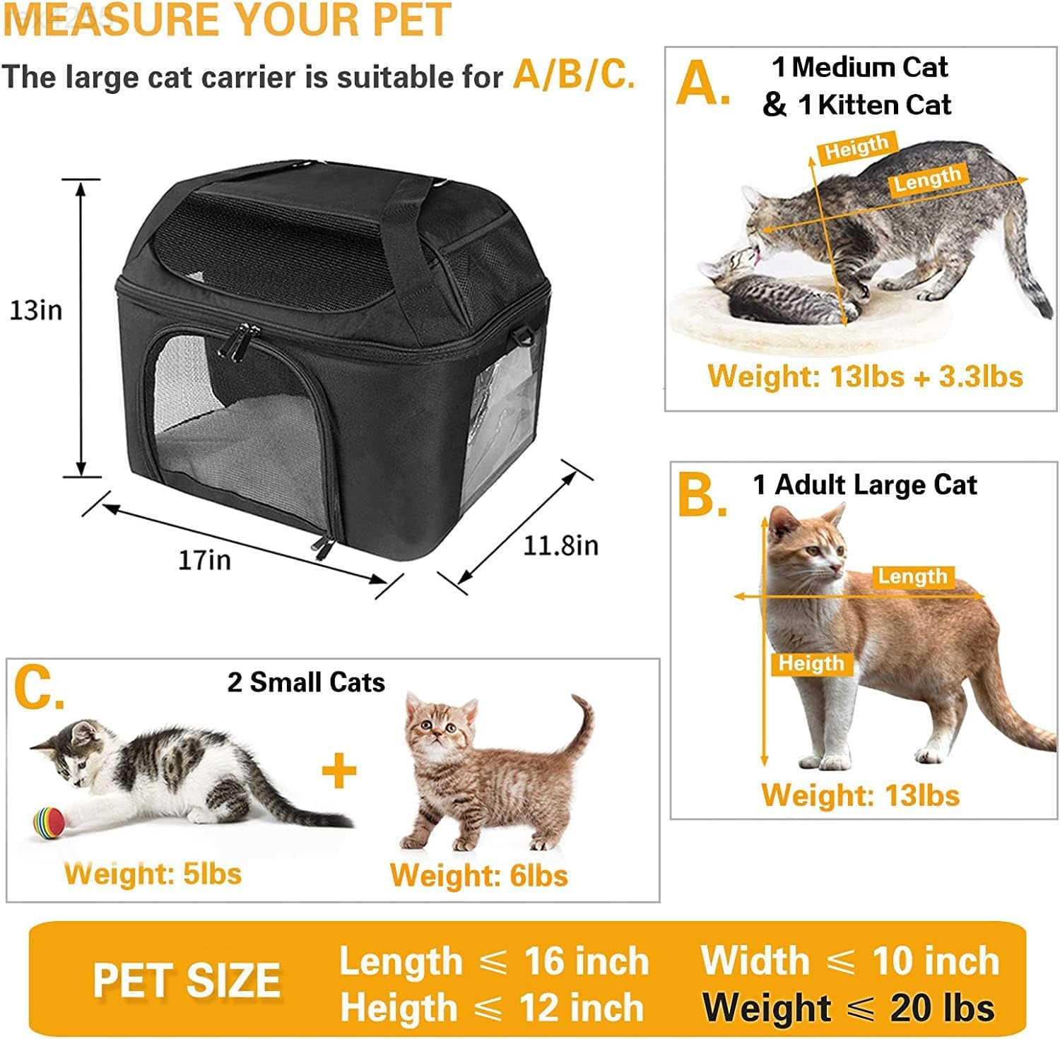 Pet Carrier Soft Side Cat Carrier Collapsible Travel Puppy Carrier Bag TSA Airline Approved Kitten Carrier Bag for 15 lbs Small Pets GrayW250904