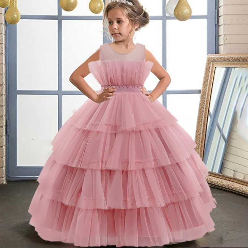 3-12 Years Elegant Wedding Party Girl Dresses Children Beading Bow Bridesmaid White Lace Princess Dress for Kids Birthday Prom Gown Z250904