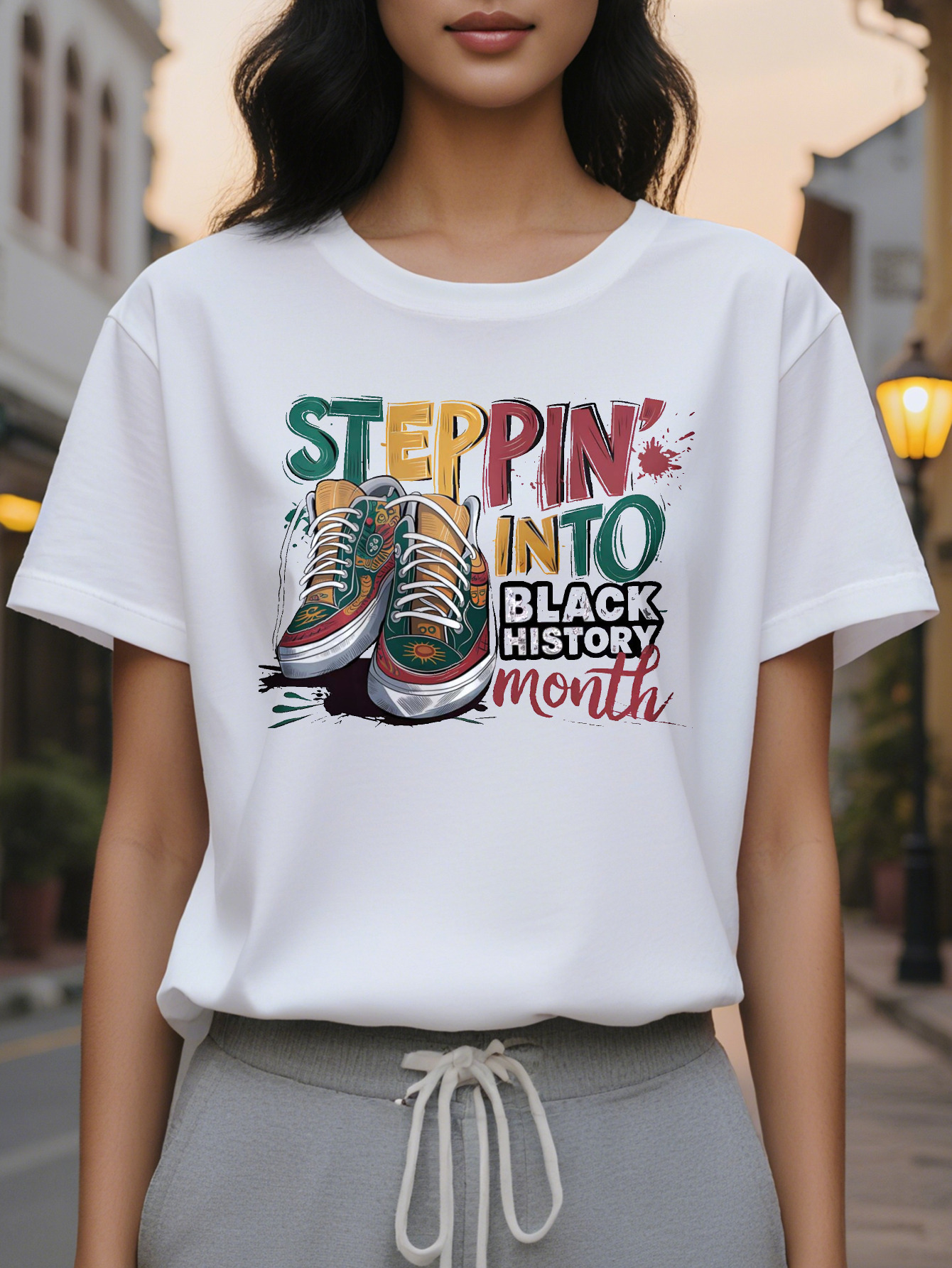 Ladies elegant round neck black history month pattern T-shirt, knitted fabric, short sleeve, casual top suitable for