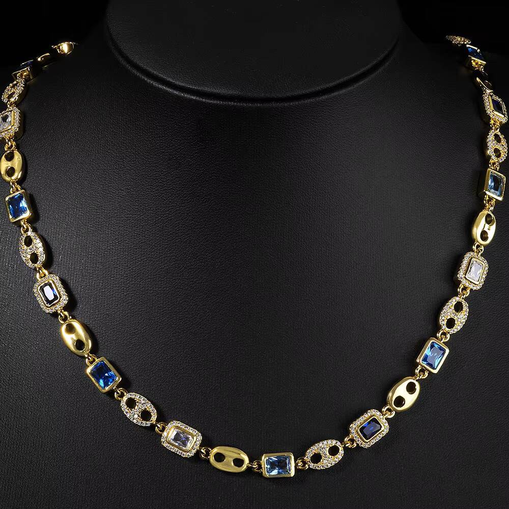 NUOYA Gold Plated Pig Nose Choker Necklace Geometric Gemstone Design Blue White Moissanite Fine Hip Hop Luxury Jewelry