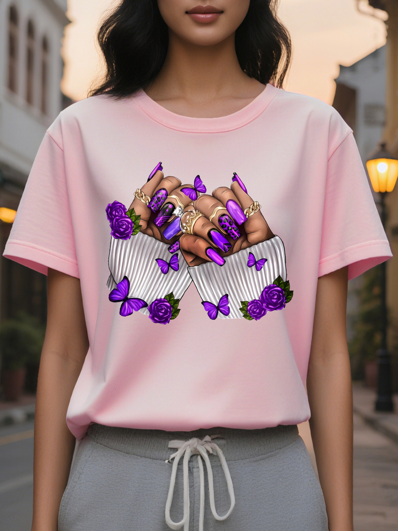 Large XL Women's Purple Butterfly Rose Nail Art Print Short Sleeve T-Shirt Casual Round Neck Summer Top Washable Plus Size
