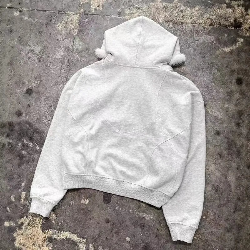 Y2K y line n high quality longsleeved fur collar hoodies women autumn and winter Harajuku trendy sweatshirts 250904