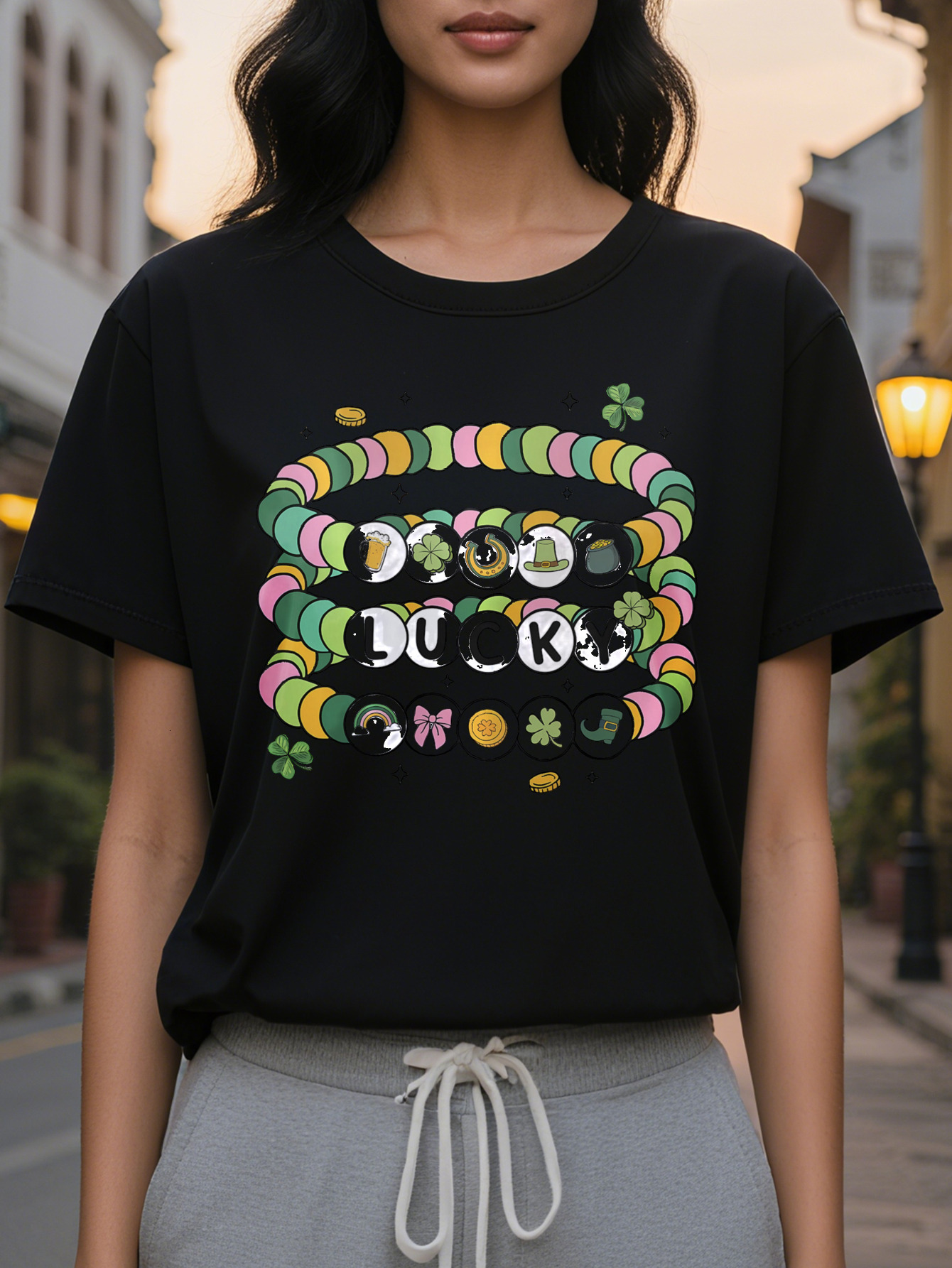 100% Linen Cotton St Patrick s Day Lucky Pattern T Shirt Casual Round Neck Short Sleeve Top with Colorful Beaded Bracelet Design