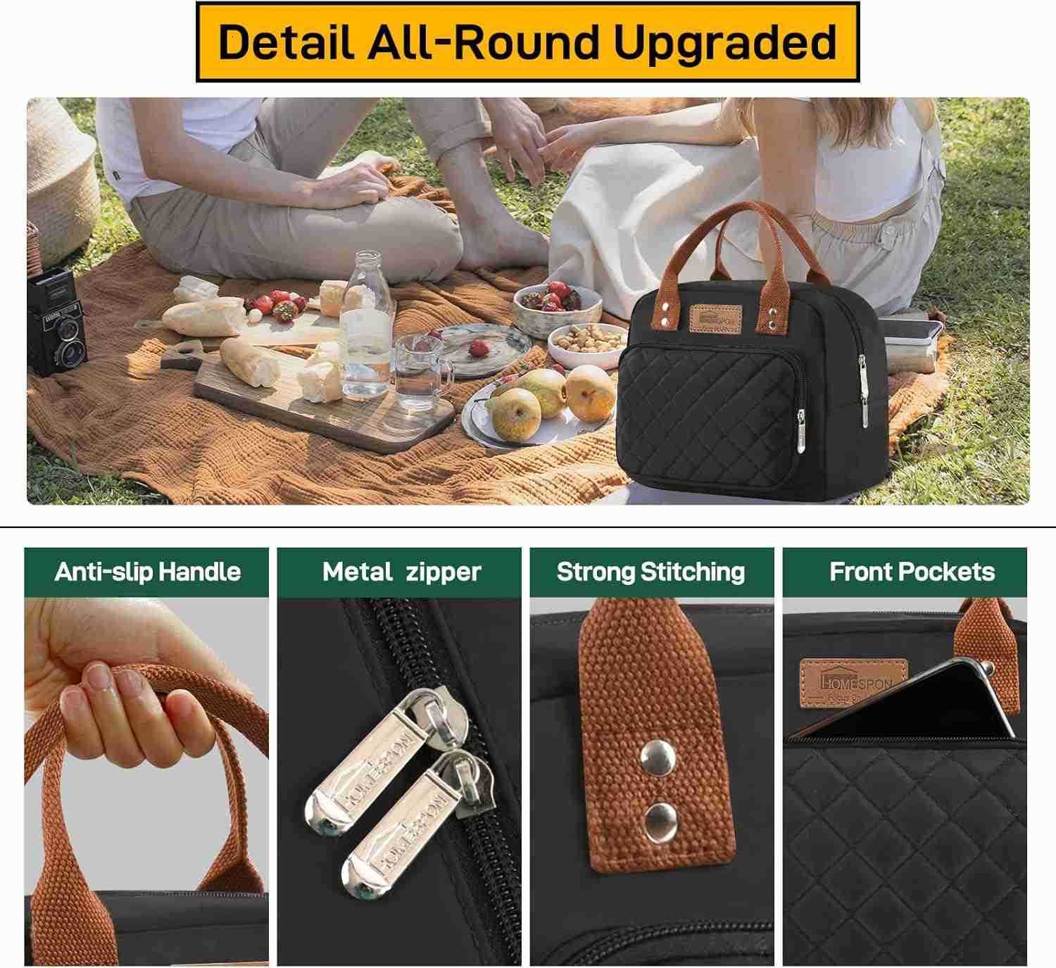 Lunch Bag for Woman Man Adults with Front Pocket Insulated Lunch Tote Lunch Box Container for Work Picnic or TravelBlackW250904