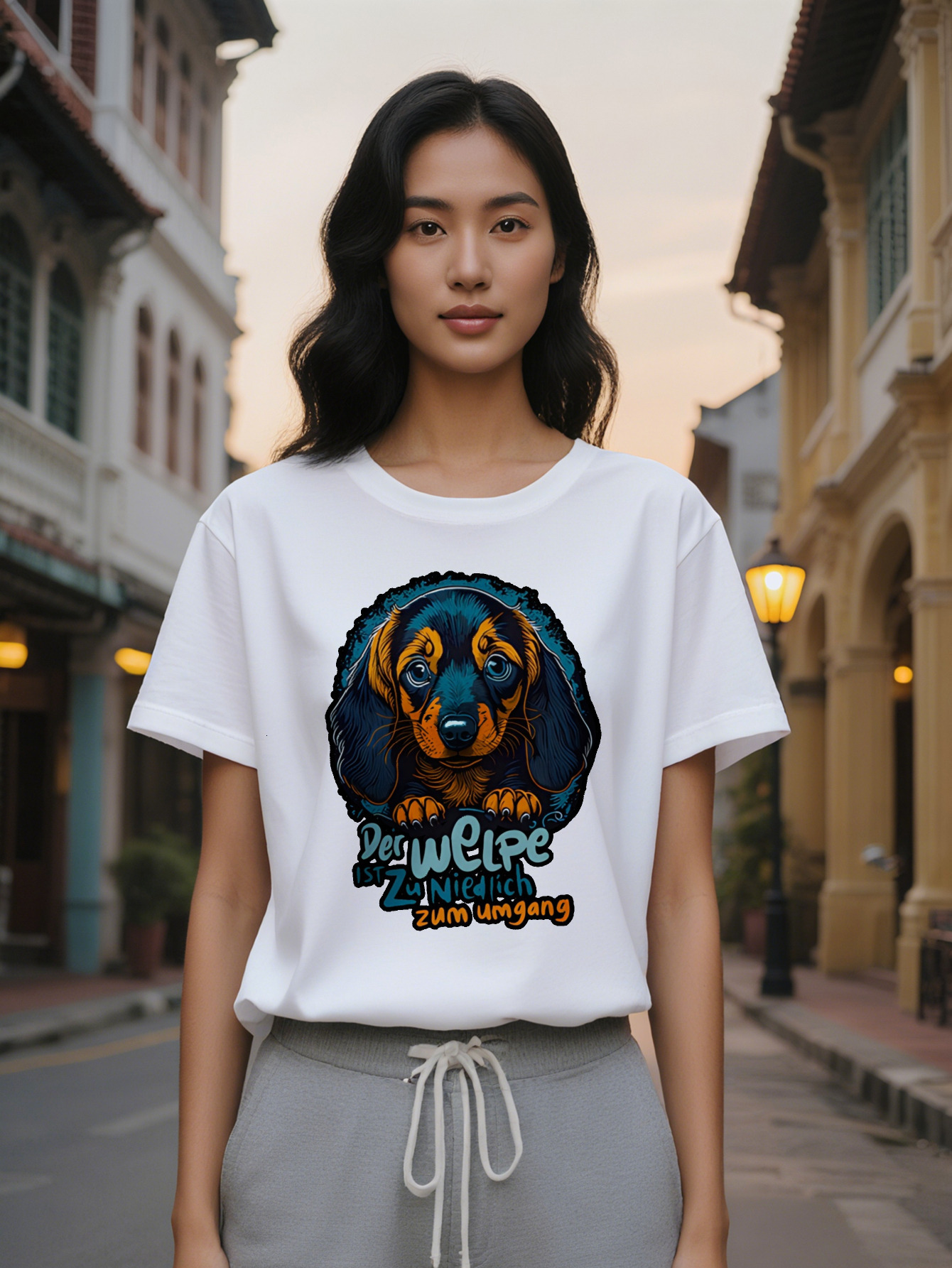 Large XL Graphic T-Shirt with Cartoon Dog Print Black Round Neck Summer Tee Dachshund Design German Text High Washable Plus Size