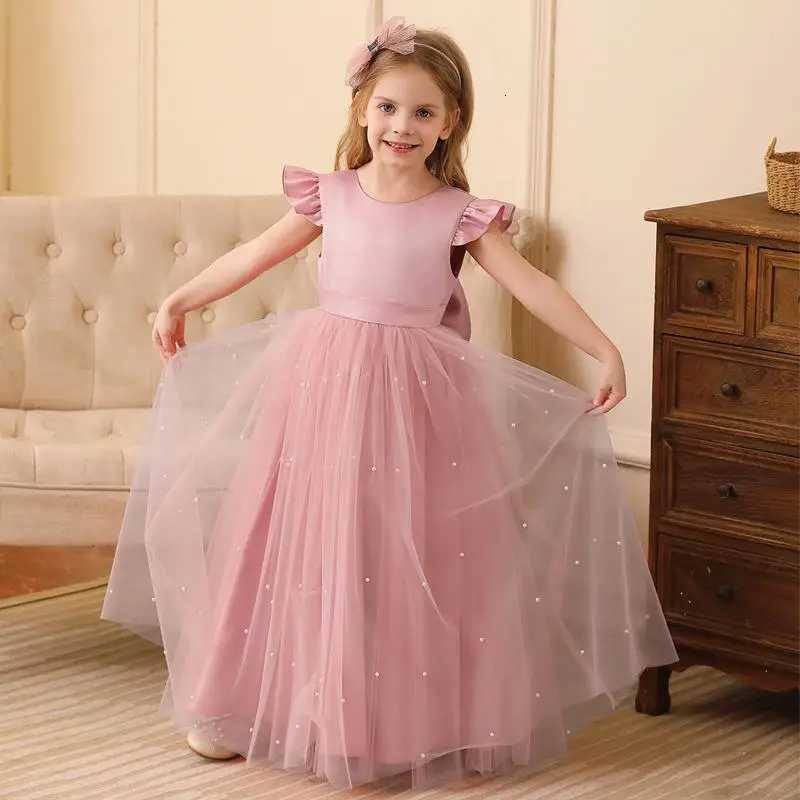 Girls New Pearl Mesh Flying Sleeve Butterfly Sweet and Cute Long Princess Dress for School Performance Runway Dress Z250904