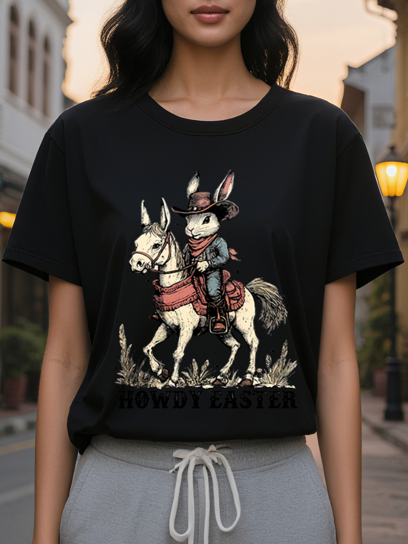 Howdy Easter Pattern Printed Women's Short Sleeve T-Shirt Light Gray Round Neck with Denim Rabbit Design Comfortable