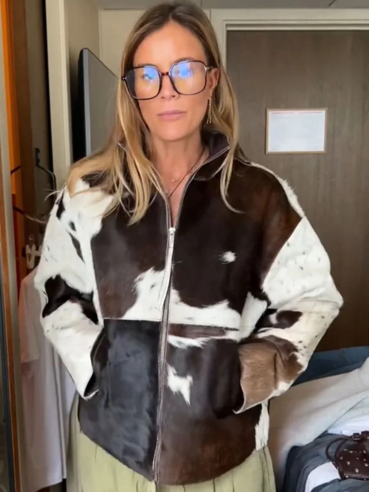 Cow Print Faux Fur Jacket Coat Women Oversized Zip Up Stand Collar Long Sleeve Vintage Streetwear Early Autumn Outerwear 250903