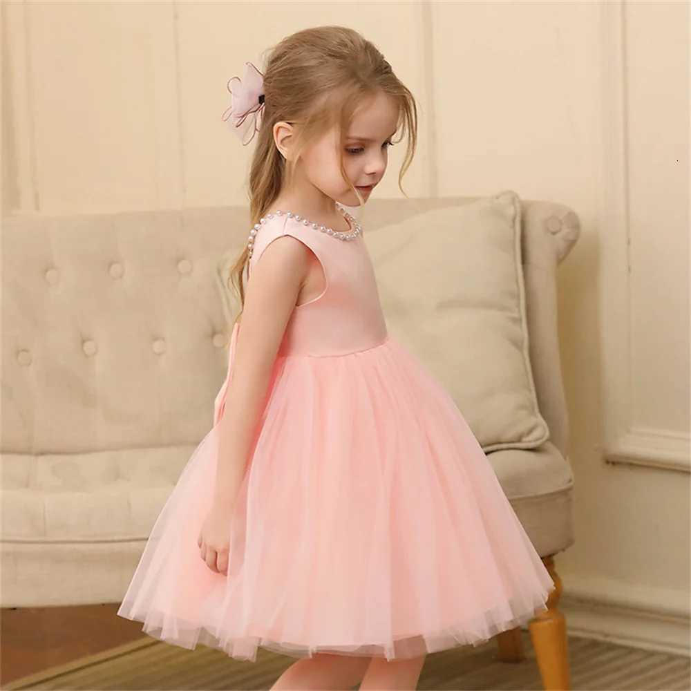 Toddler Girl Flower Birthday Tulle Pearl Dress Backless Bow Wedding Gown Baby Girl Bowknot Dresses Kid Party Wear Princess Dress Z250904