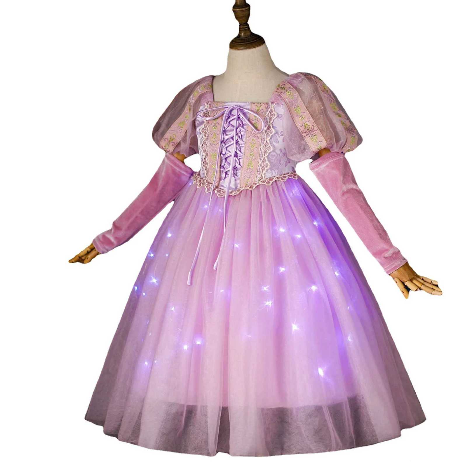 2025 Long Hair Princess Dress Rapunzel Girls Short Sleeve Summer Glowing Mesh Dress Childrens Day Dress Z250904