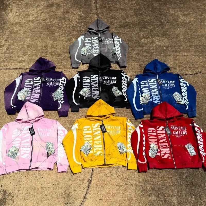 Harajuku Retro High Street Colorful Clothing American Hiphop Trendy Zipper Hoodie Men Rock Oversized Sweatshirt Women 250904