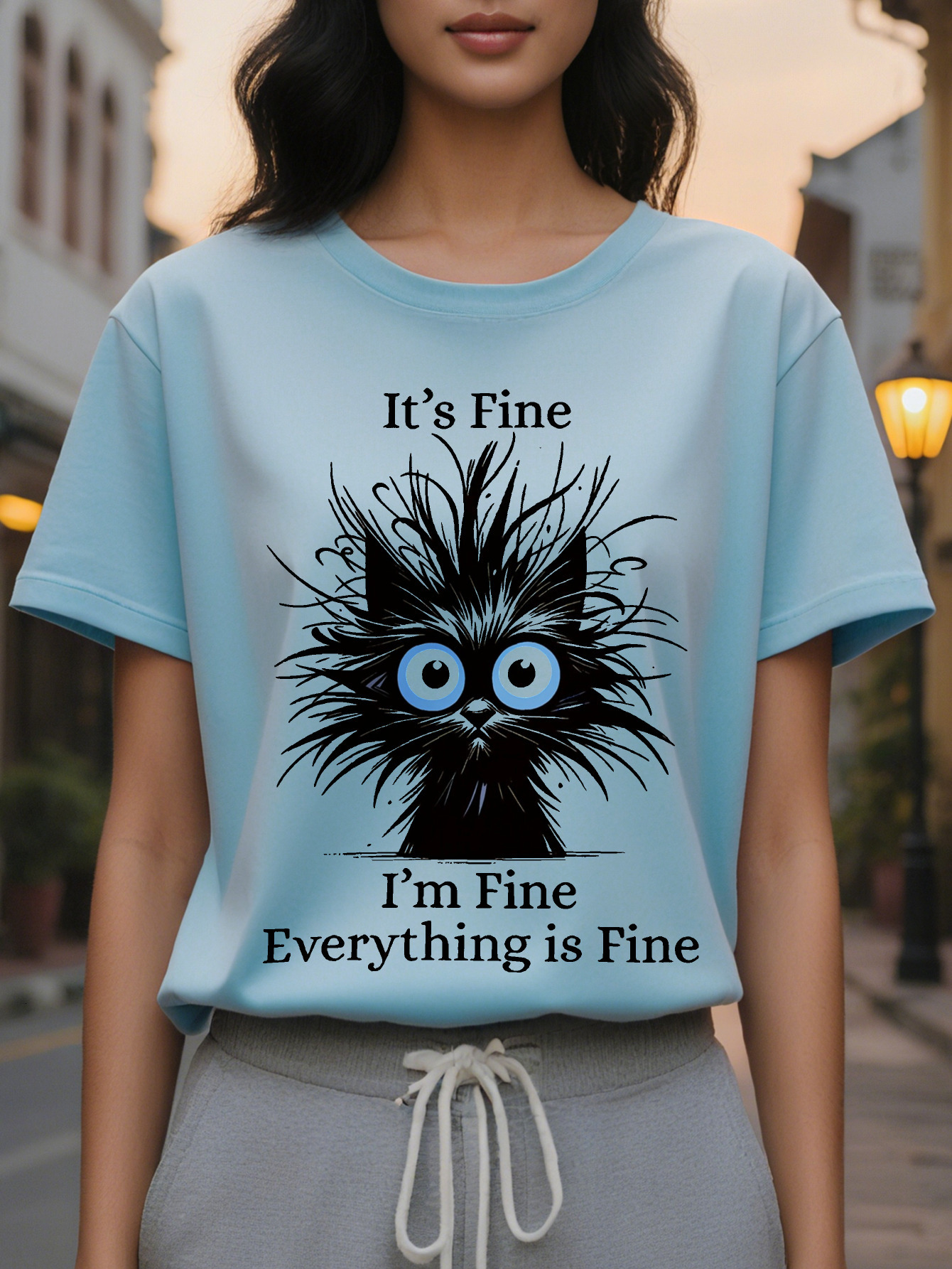 Large XL Women's Light Blue Casual Short Sleeve T-Shirt It's I'm Everything Is Fine Sarcastic Graphic Print Round Neck Summer Plus Size