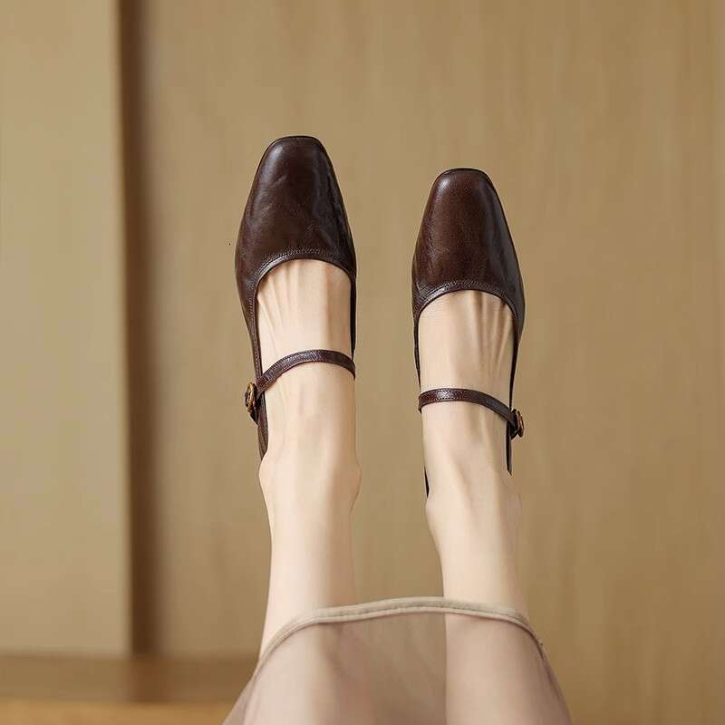 High Women's Autumn New Designer Shoe Sheepskin One-Strap Thick Heel Black French Genuine Leather Mary Jane Shoes