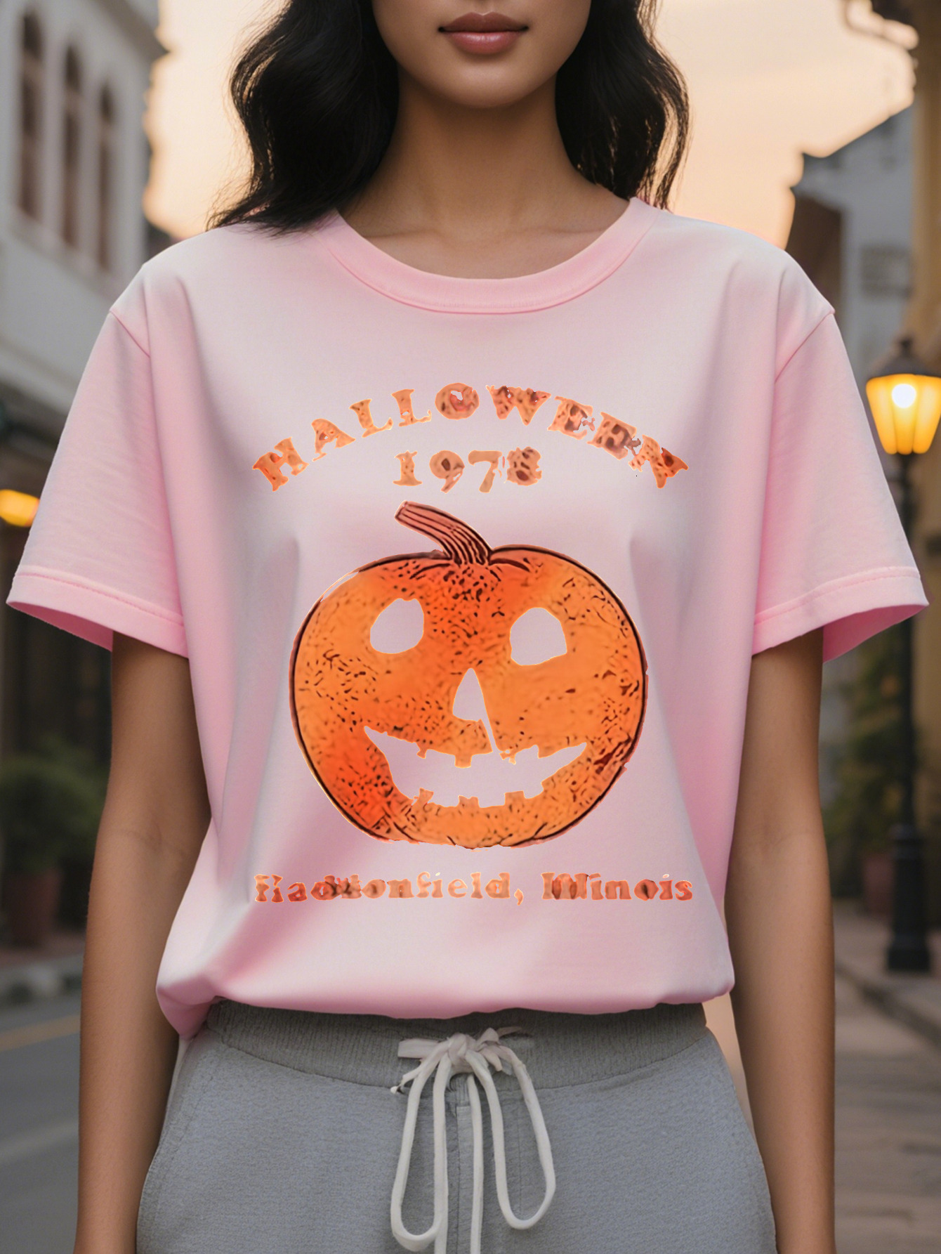 Large XL Women's Retro T-Shirt Round Neck Short Sleeve with Jack O Lantern Graphic Print Comfort Themed Parties Casual Plus Size