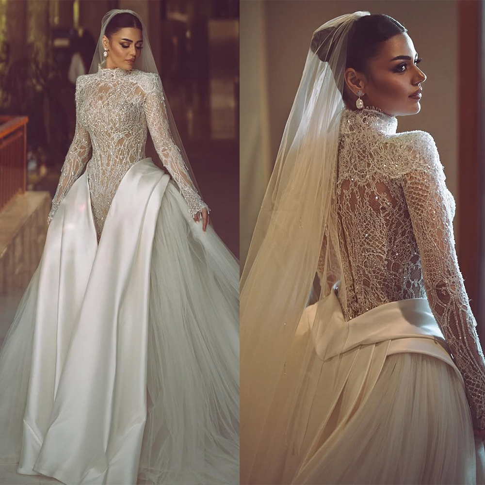 Sexy A Line Women Wedding Dress Sequins Beaded Bridal Gowns High Collar Long Sleeves Detachable Train Dress Custom Made vestidos de novia