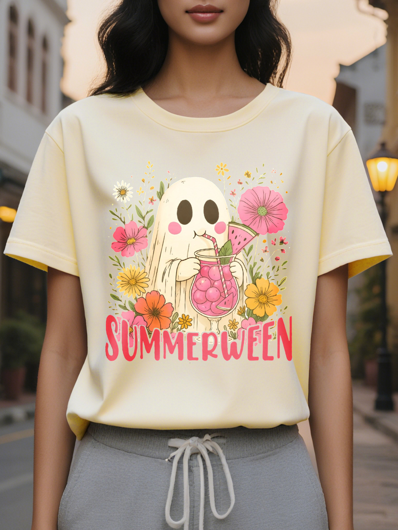 Large XL Women's Halloween Summerween Graphic T-Shirt Cute Floral Print Short Sleeve Round Neck Casual Tee Pink Black Summer Plus Size