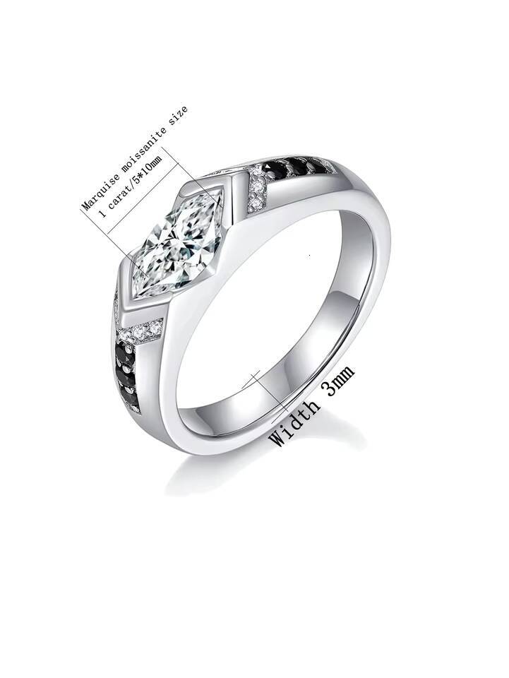 S925 Silver Marquise Rhombus Moissanite Ring HighEnd HipHop Style Neutral Temperament Black and White Contrast for Couples