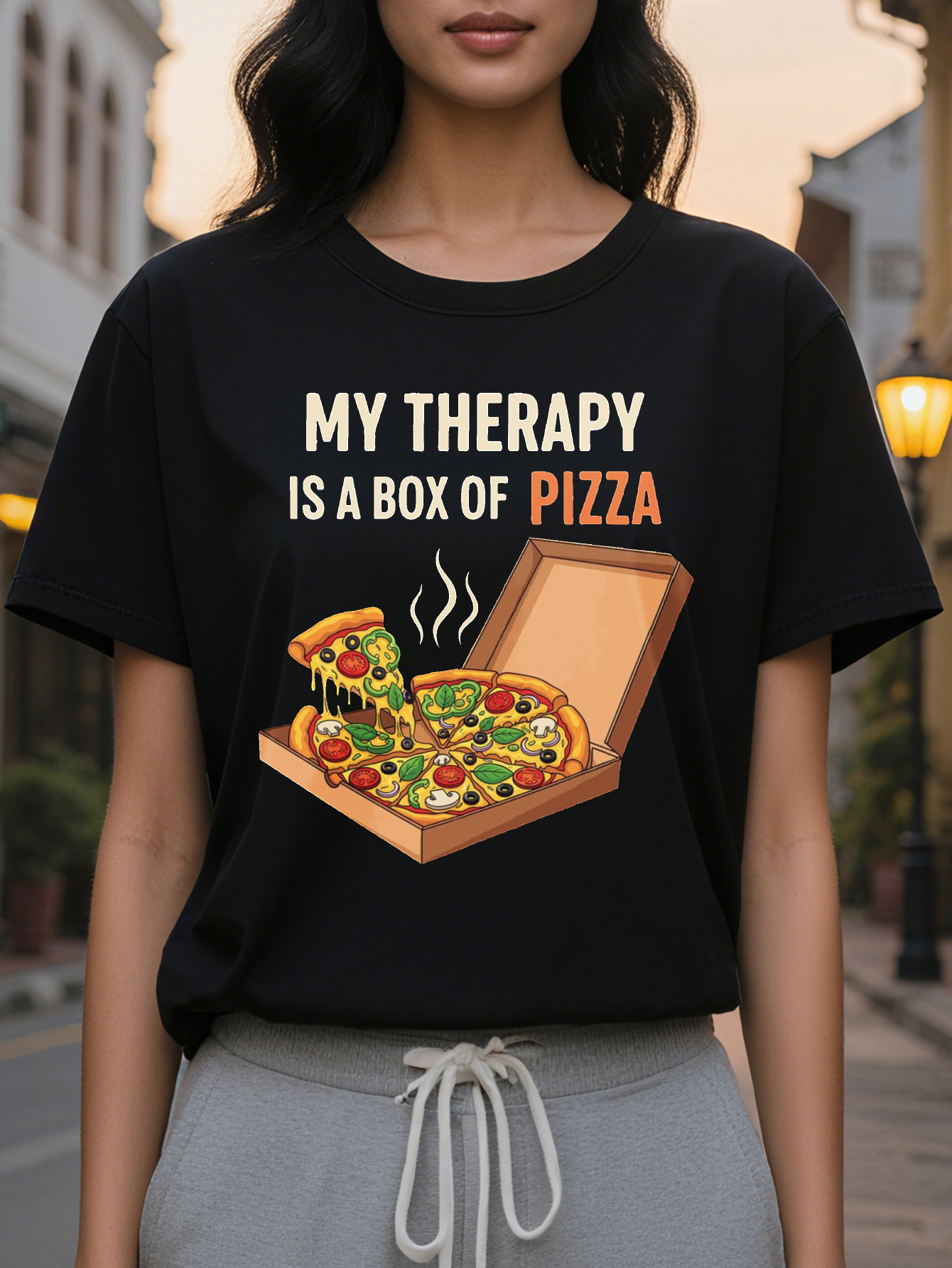 Fun Pattern Ladies My Relaxation is Box Sayings Black with Orange Letters Light Summer Casual Daily T-Shirt for Pizza