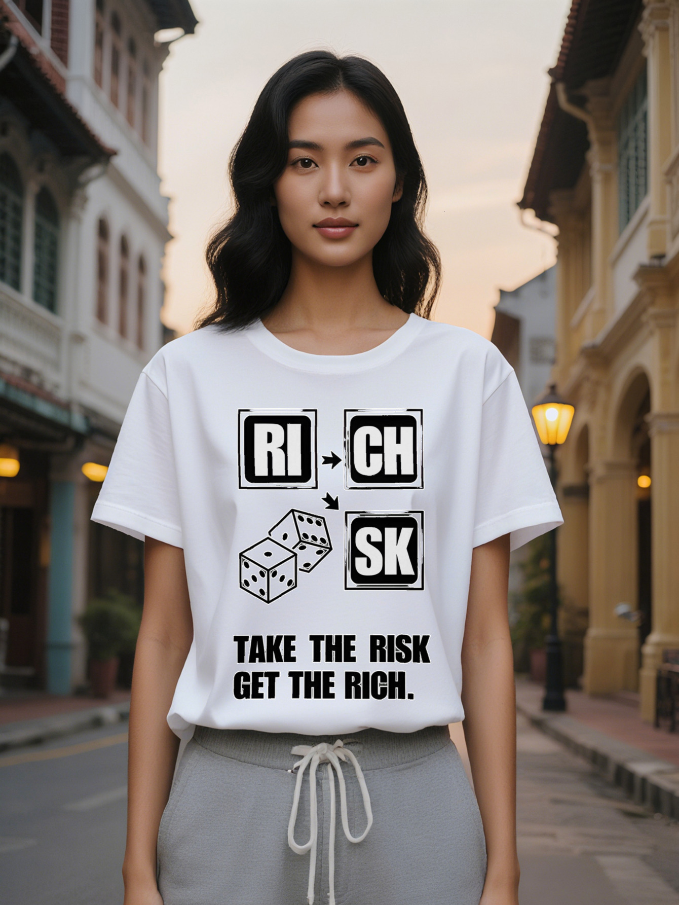 Large XL Lady Casual Crew Neck T Shirt with RI CH Print Take Risk Get The Rich Design Dice Illustration Perfect for Plus Size