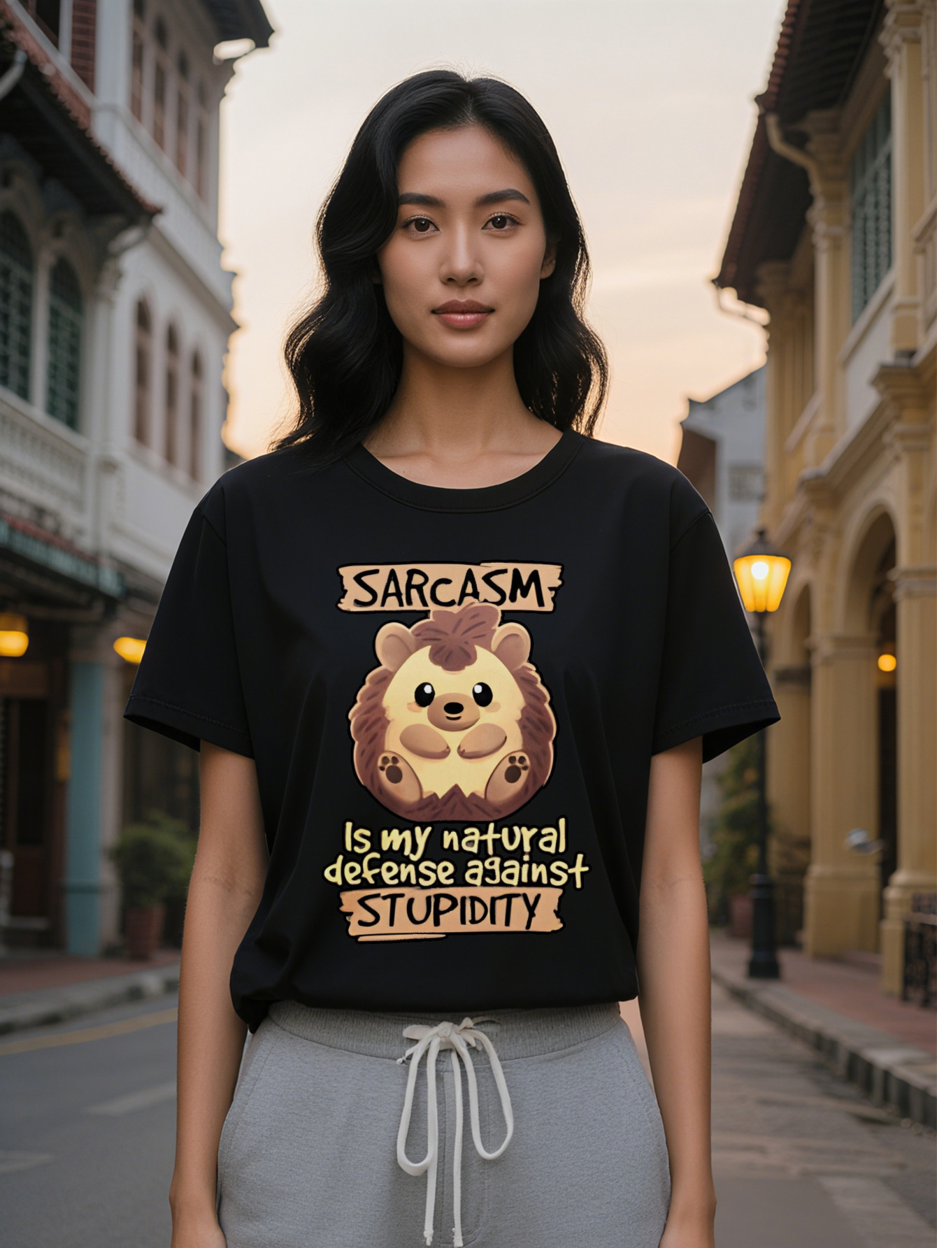 Large XL Lady Casual Graphic T-Shirt with Cartoon Hedgehog Sarcasm Quote Black Round Neck Summer Tee, Washable Regular Plus Size