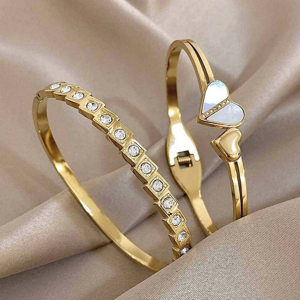 Stainless Steel Shell Square Rhinestone Open Cuff Bangles Set for Women Men Fashion Gold Plated Bangles Bracelets Y250904