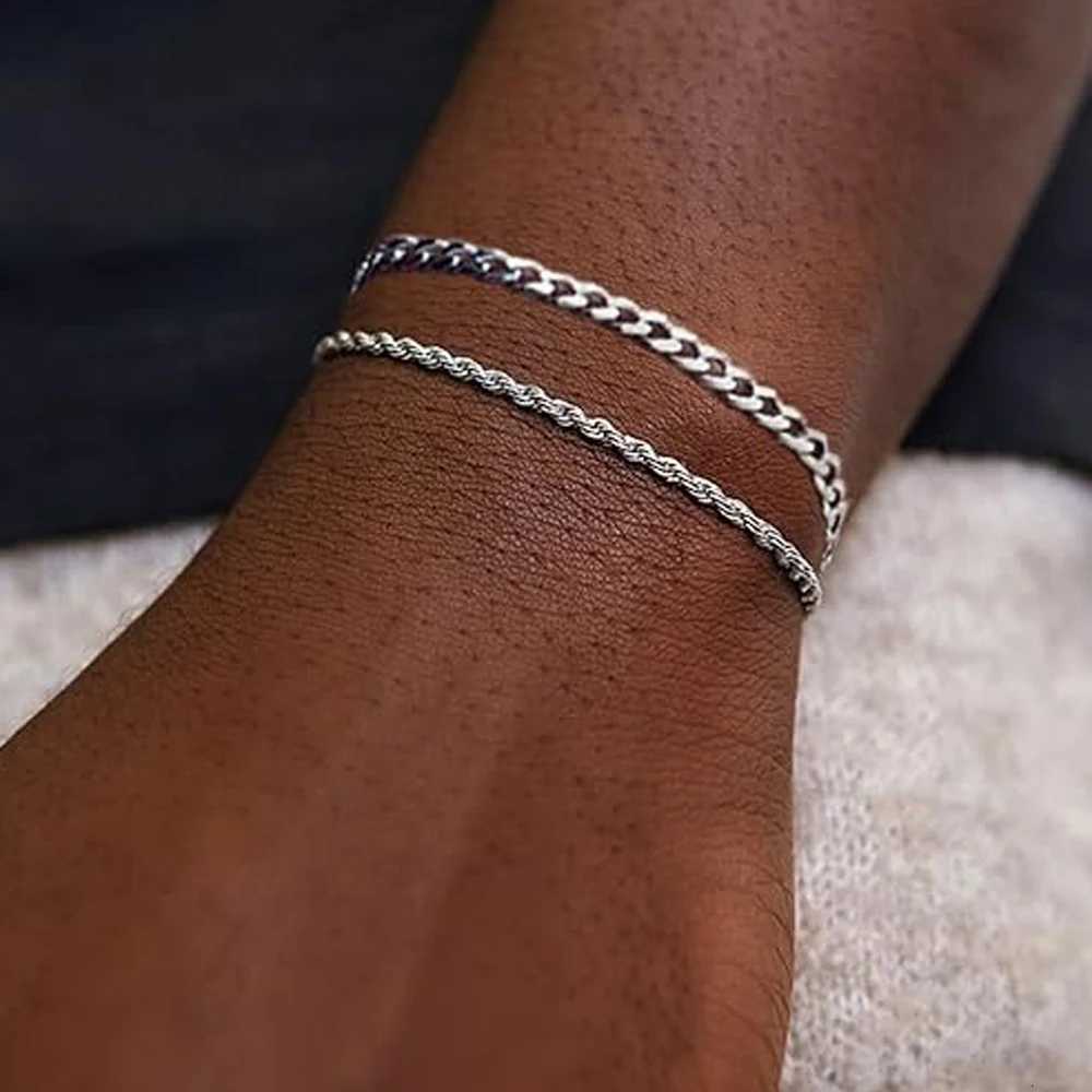 1 or 2 Pcs Chain Bracelet for Men 925 Sterling Silver Stainless Steel Bracelets Rope Cuban Link Bracelet Set for Men Dad Husband W250904