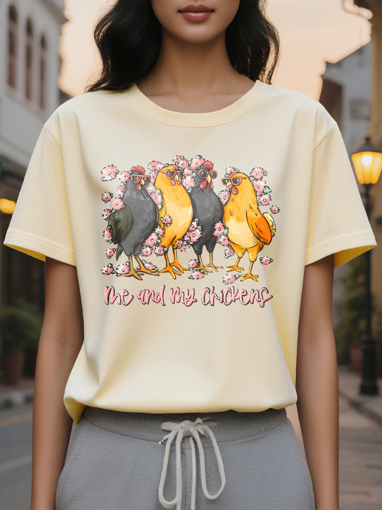 Women S Crew Neck T Shirt with Chick Graphic Print Me and My Chickens Design Short Sleeve Lightweight Cotton