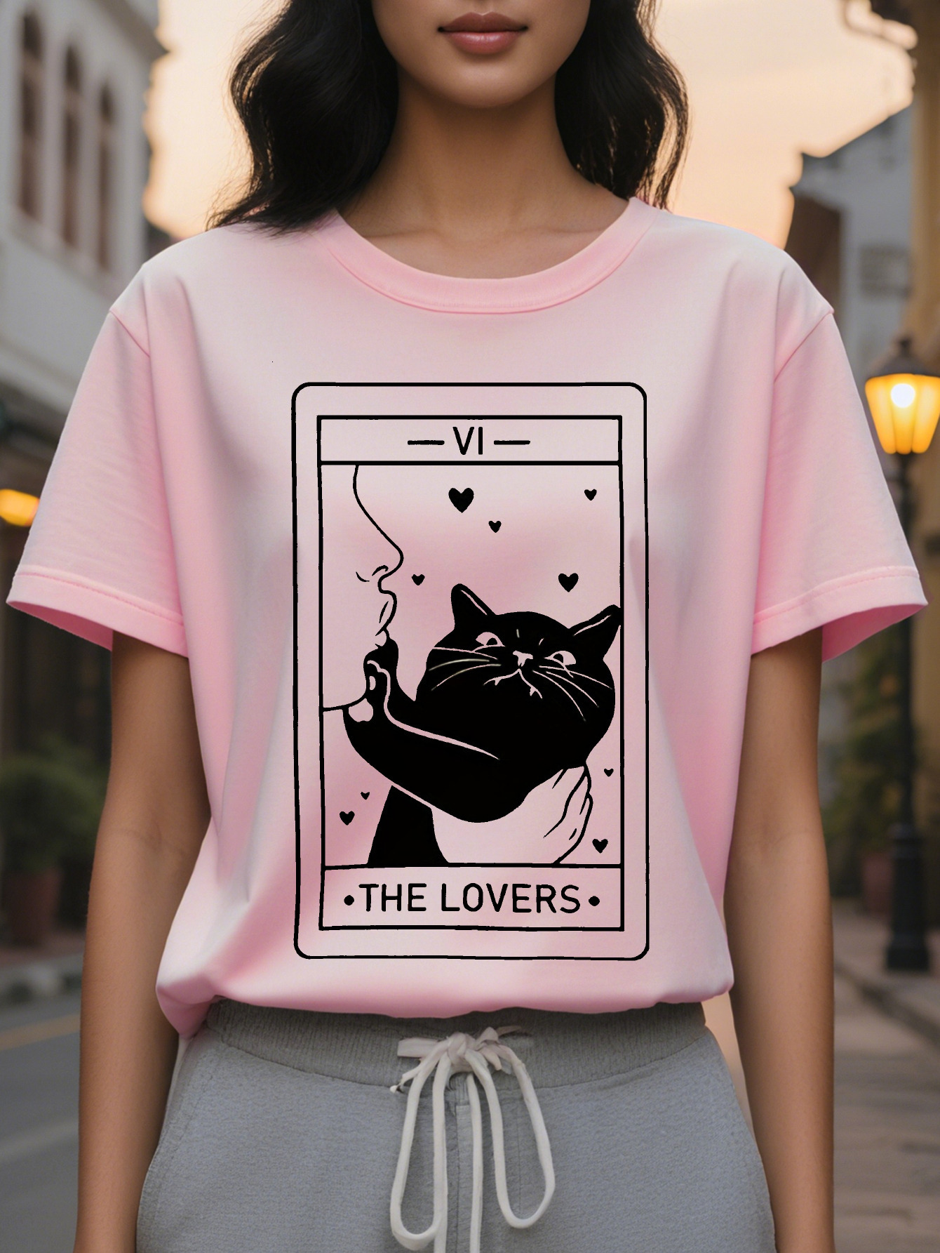 Large XL Women's Tarot The Graphic T-Shirt Whimsical Witch Hat Black with Hearts Design Soft Crew Neck Tee for Lovers Plus Size