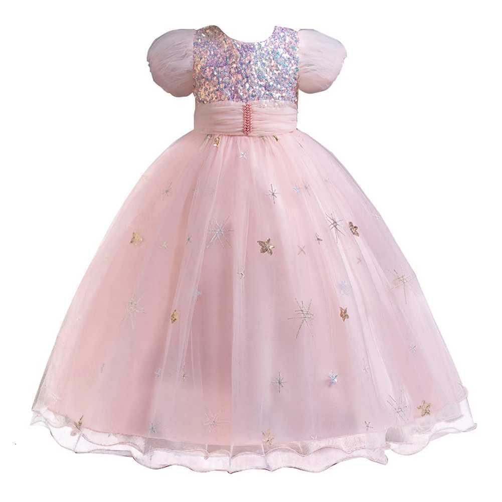 New Pink Fluffy Bubble Sleeves Girl Evening Dress Ball Party Sequin Princess Dress Birthday Dress for 4 to 12 Year Child Z250904