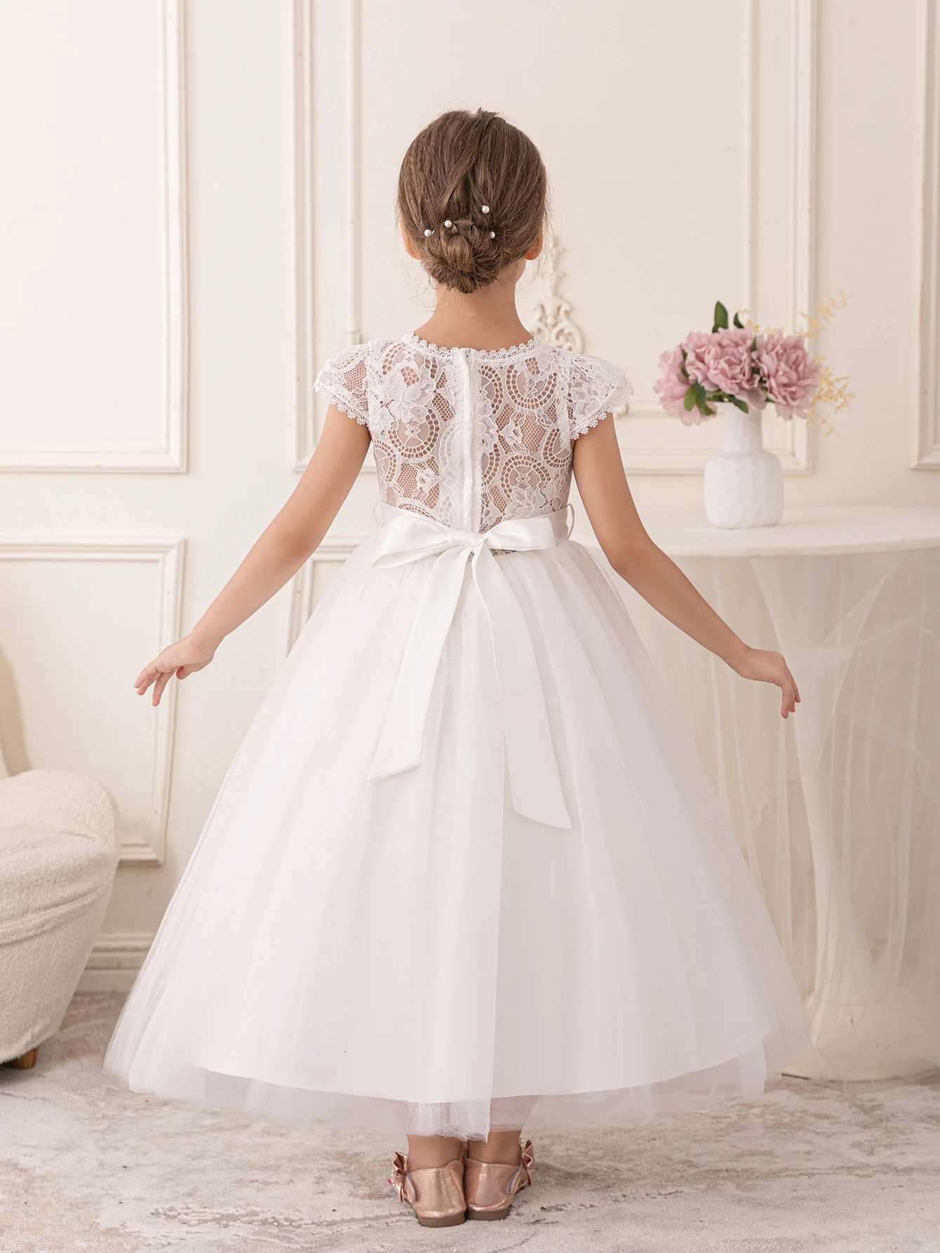 Girls Wedding Flower Childs White Puffy Gauze Long Skirt with a Hollow Lace Back Dress Z250904