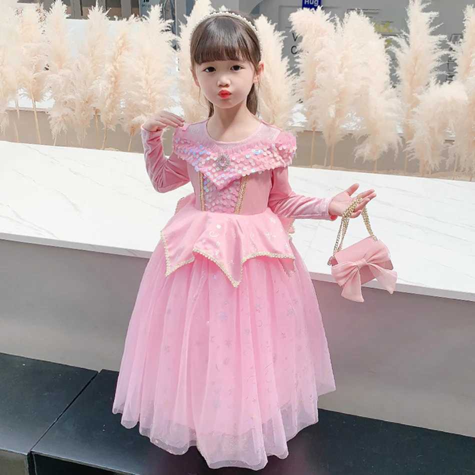 Sleeping BeauTY Aurora Pink Long Sleeves Princess Dress CHIldren Cosplay Sequin Mesh Gown Girls Carnival Birthday Costume Z250904