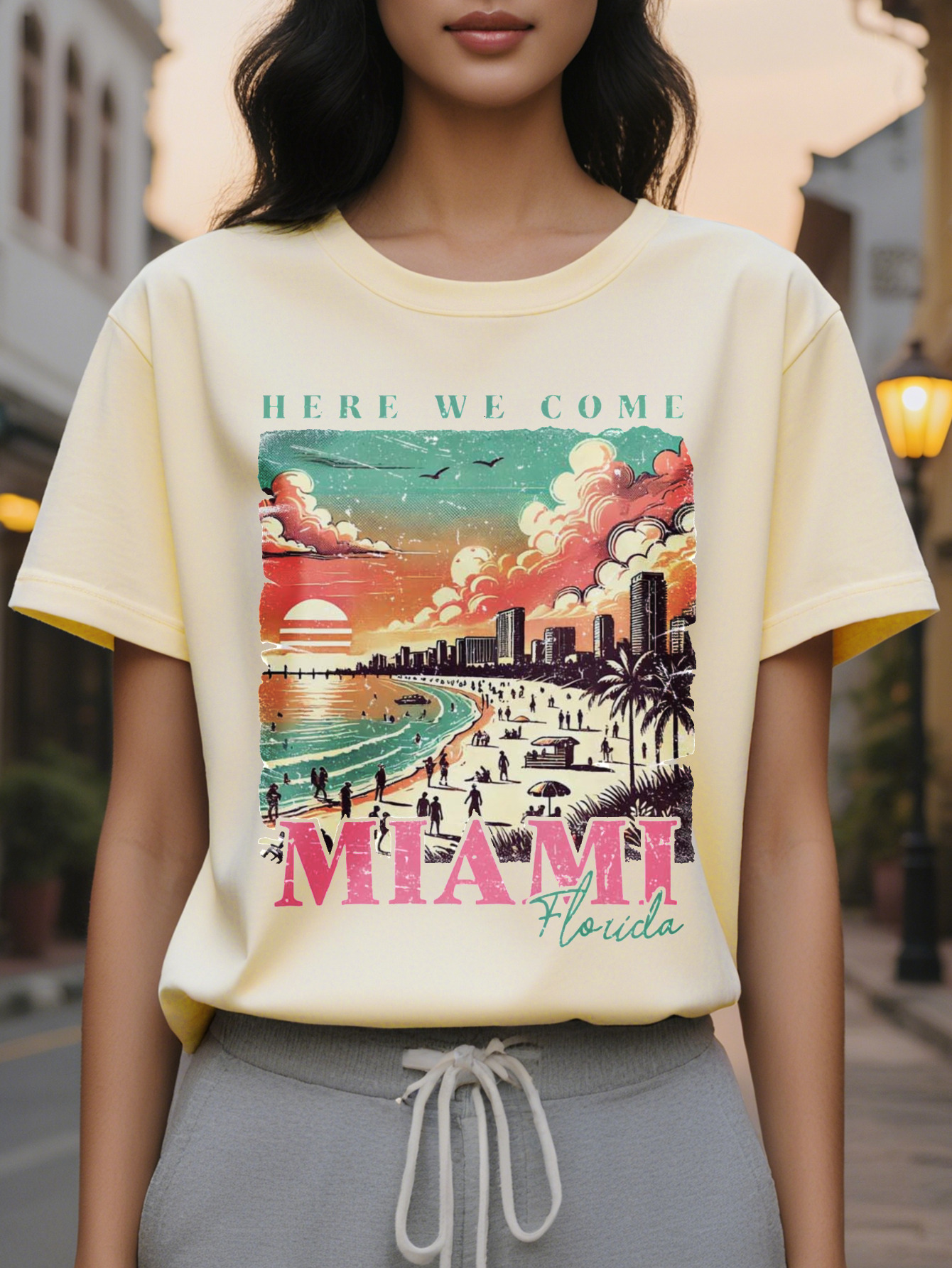 Miami Florida sleeve T-shirt vivid sunset design casual round neck regular version very suitable for autumn